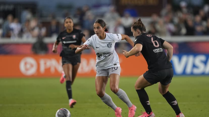 Jul 26, 2024: Deyna Castellanos (BAY) and Megan Reid (LA)